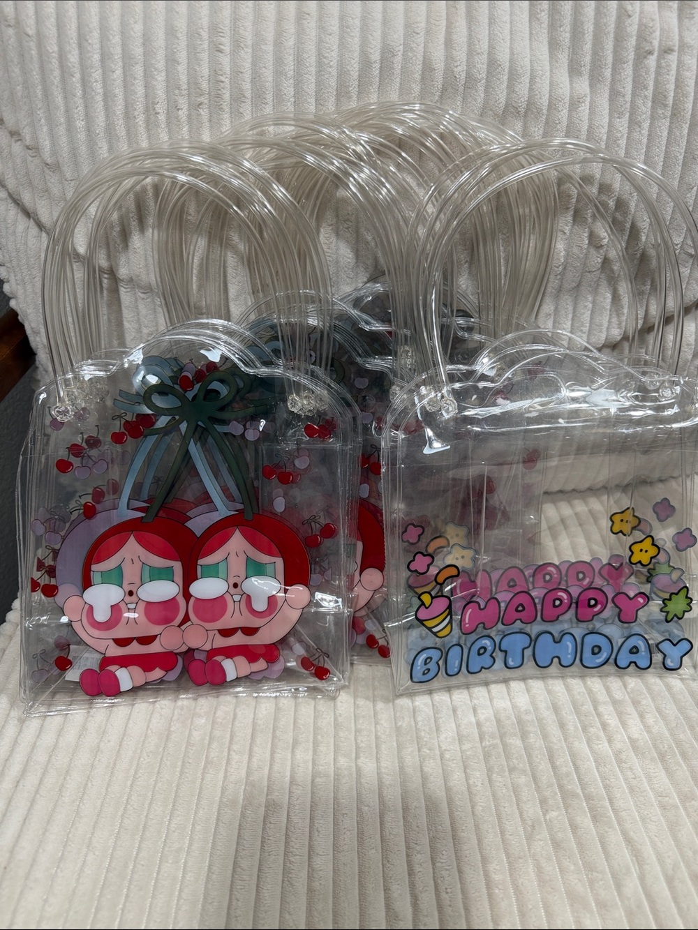 Cherry Character & Happy Birthday Clear Tote Bags - Set of 15 bags. New.